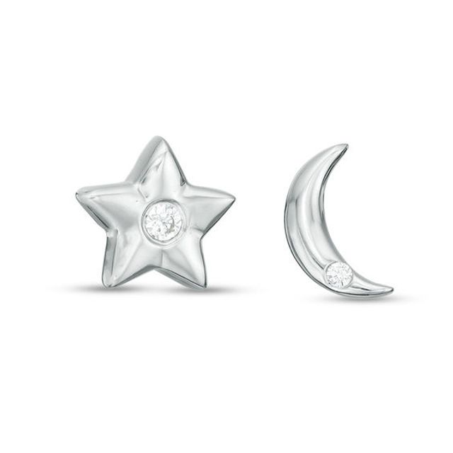 1/20 CT. T.w. Diamond Moon and Star Mismatch Stud Earrings in Sterling Silver