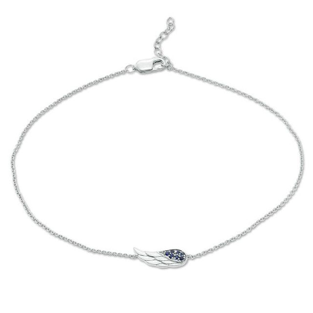 Lab-Created Blue Sapphire Sideways Angel Wing Anklet in Sterling Silver - 10"