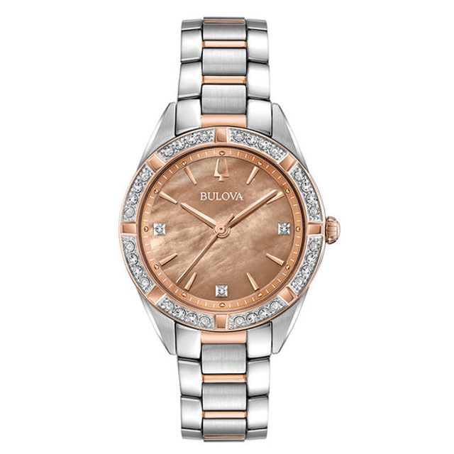 Ladies' Bulova Sutton Diamond Accent Two-Tone Watch with Brown Mother-of-Pearl Dial (Model: 98R264)