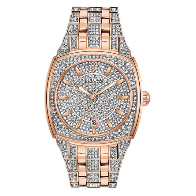 Men's Bulova Phantom Crystal Accent Rose-Tone Watch with Square Silver-Tone Dial (Model: 98B324)