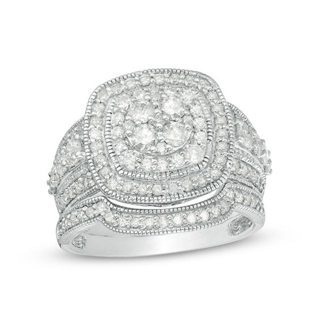 1-1/2 CT. T.w. Multi-Diamond Double Cushion Frame Vintage-Style Bridal Set in 10K White Gold