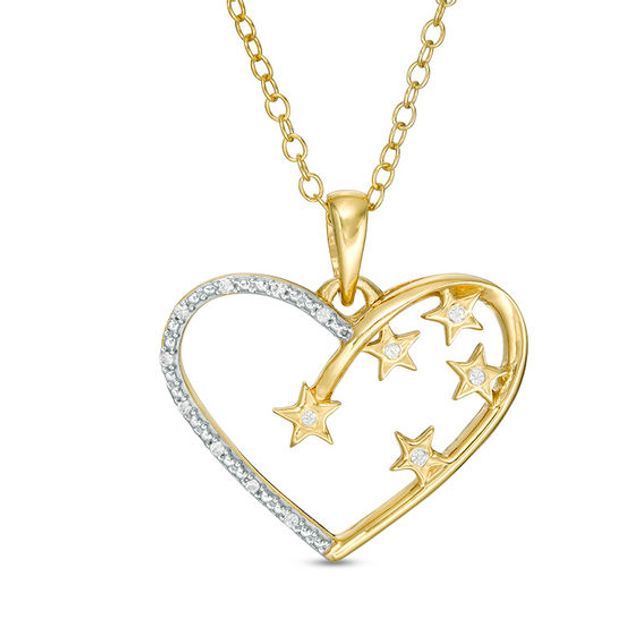 Diamond Accent Heart Outline and Scattered Star Pendant in Sterling Silver with 14K Gold Plate