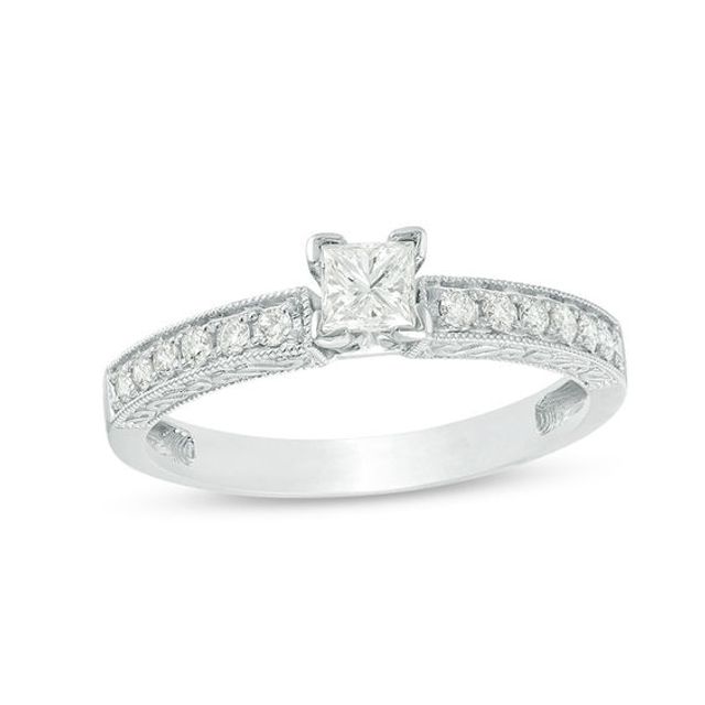 1/2 CT. T.w. Certified Princess-Cut Diamond Filigree Vintage-Style Engagement Ring in 14K White Gold (I/I1)