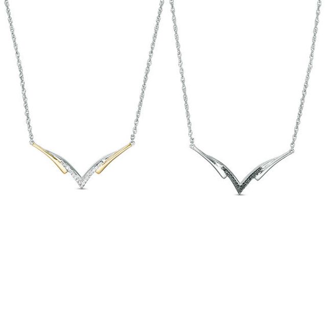 1/5 CT. T.w. Enhanced Black and White Diamond Reversible "V" Necklace in Sterling Silver and 10K Gold - 16.96"