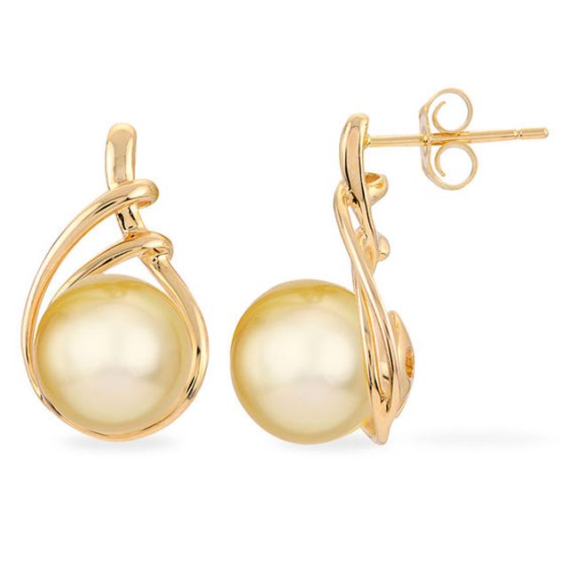 9.0-10.0mm Golden Cream South Sea Cultured Pearl Double Loop Teardrop Earrings in 14K Gold