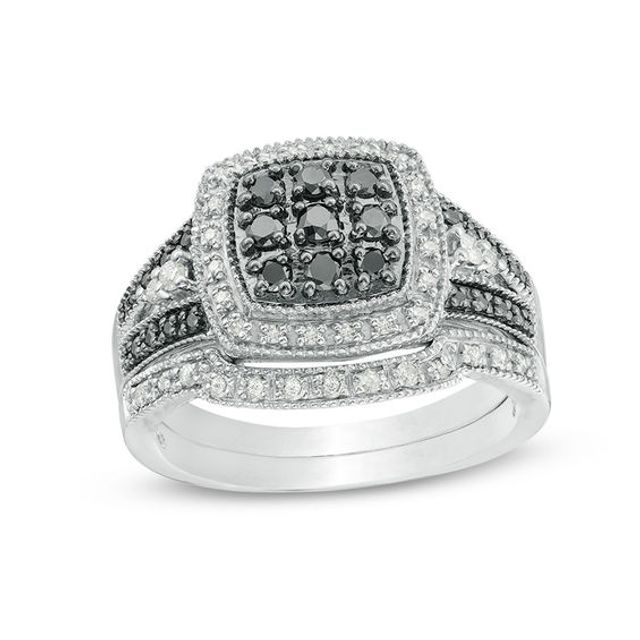 1/2 CT. T.w. Black and White Multi-Diamond Cushion Frame Vintage-Style Bridal Set in Sterling Silver