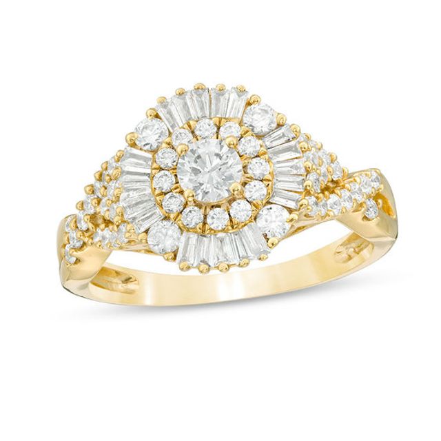 1 CT. T.w. Baguette and Round Diamond Sunburst Frame Tri-Sides Engagement Ring in 14K Gold