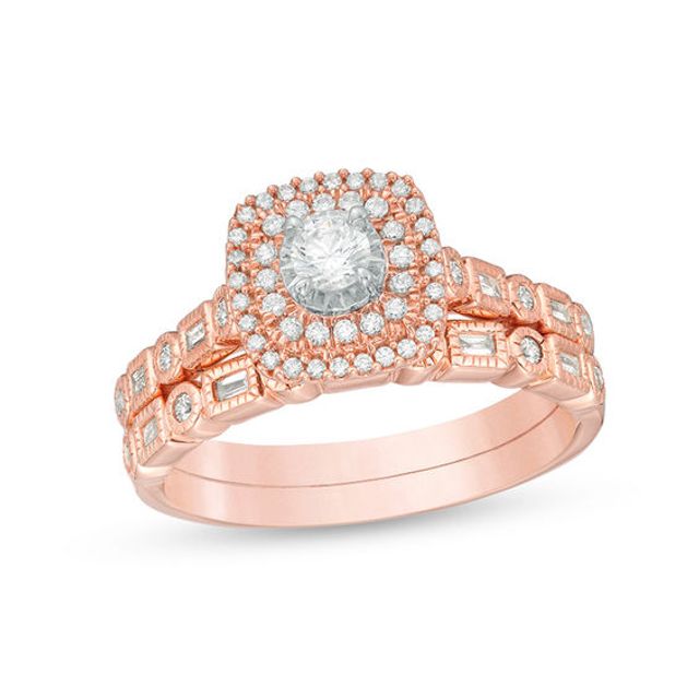 1/2 CT. T.w. Diamond Double Cushion Frame Vintage-Style Art Deco Bridal Set in 10K Rose Gold