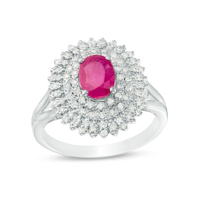 Oval Ruby and 1/3 CT. T.w. Diamond Triple Frame Ring in 10K White Gold