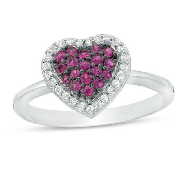 Ruby and White Topaz Heart Cluster Frame Ring in Sterling Silver
