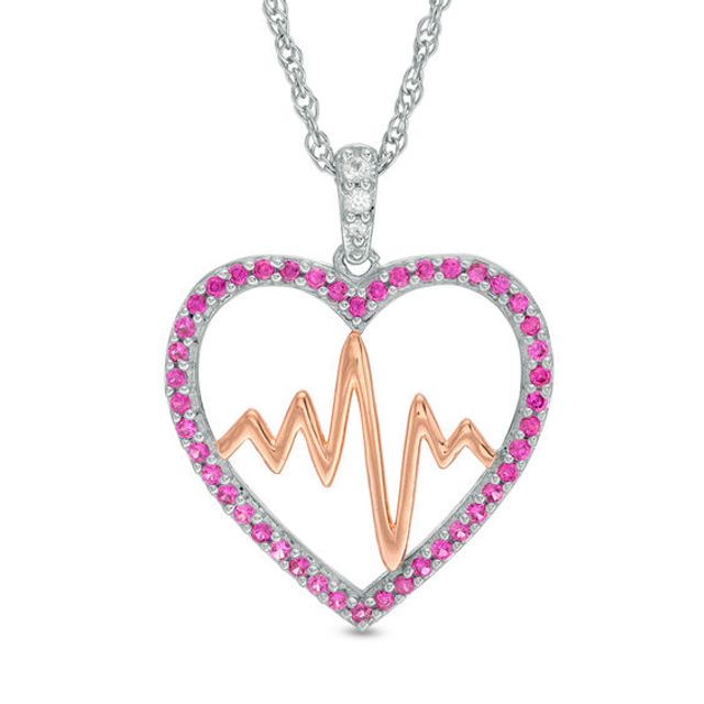 Lab-Created Ruby and White Sapphire Heartbeat Pendant in Sterling Silver and 14K Rose Gold Plate