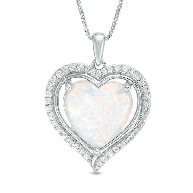 12.0mm Heart-Shaped Lab-Created Opal and White Sapphire Swirl Frame Pendant in Sterling Silver