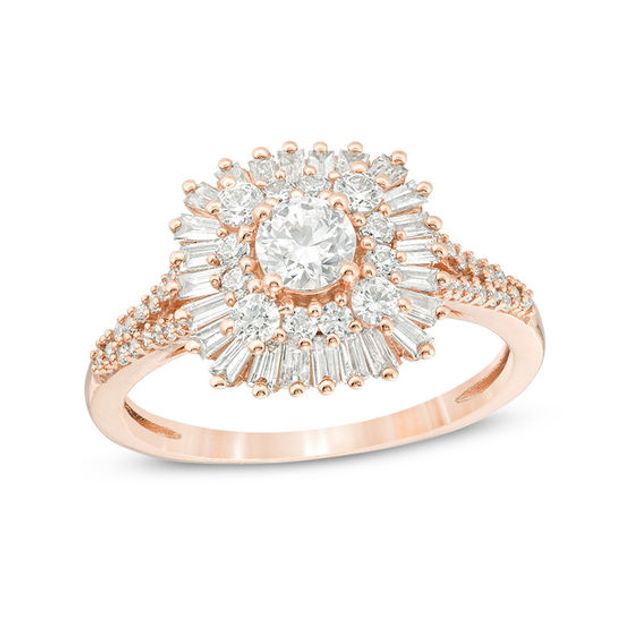 1 CT. T.w. Baguette and Round Diamond Starburst Frame Ring in 14K Rose Gold