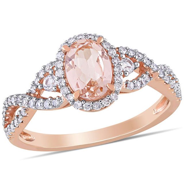 Oval Morganite, White Sapphire and 1/3 CT. T.w. Diamond Frame Side Accent Twist Shank Ring 10K Rose Gold