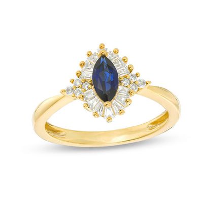 Marquise Lab-Created Blue and White Sapphire Sunburst Frame Quad-Sides Ring in Sterling Silver with 14K Gold Plate