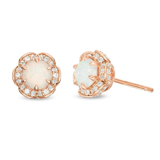 5.0mm Lab-Created Opal and White Sapphire Flower Frame Stud Earrings in Sterling Silver with 14K Rose Gold Plate