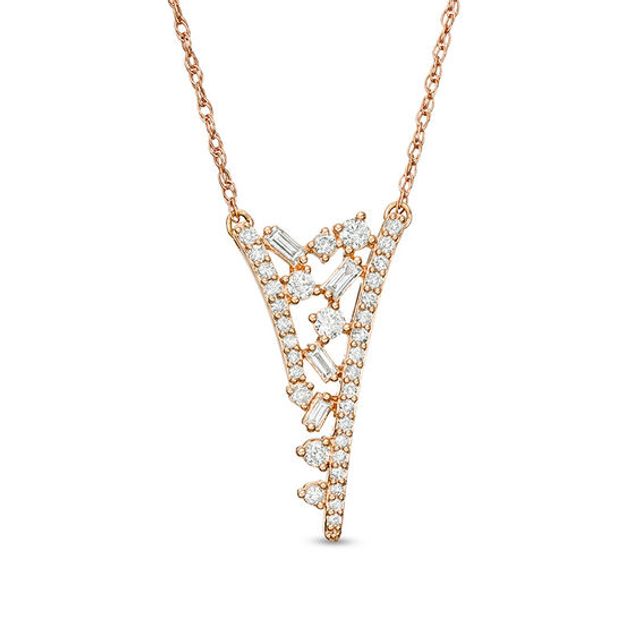 3/8 CT. T.w. Baguette and Round Diamond Scatter "V" Necklace in 10K Rose Gold