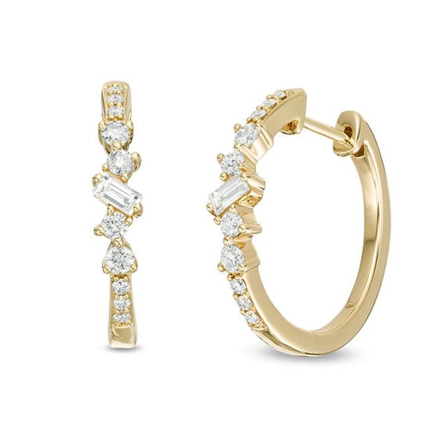 3/8 CT. T.w. Baguette and Round Diamond Scatter Hoop Earrings in 10K Gold