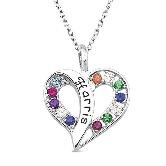 Mother's Birthstone and Engravable Heart Pendant by ArtCarved (12 Stones and 1 Name)