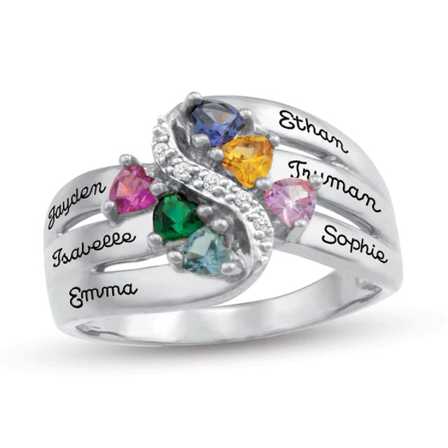 Mother's 3.0mm Heart-Shaped Birthstone and Cubic Zirconia Family Ring by ArtCarved (6 Stones and Names)