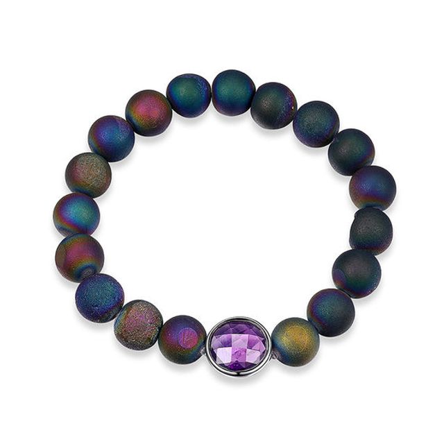 Checkerboard Amethyst and Multi-Color Drusy Agate Bead Stretch Bracelet