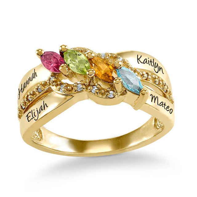 Mother's Marquise Birthstone and Cubic Zirconia Ring by ArtCarved (4 Stones and Lines)