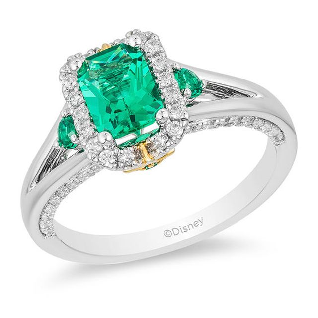 Enchanted Disney Tinker Bell Emerald-Cut Green Topaz and 1/3 CT. T.w. Diamond Star Engagement Ring in 14K Two-Tone Gold
