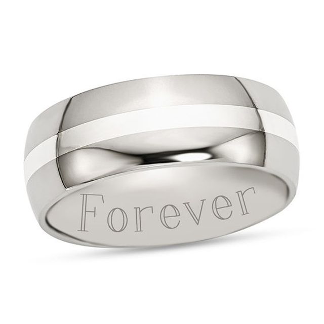 8.0mm Engravable Wedding Band in Stainless Steel with Sterling Silver Center Stripe (1 Line)