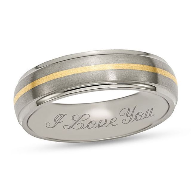 Men's 6.0mm Engravable Brushed Stepped Edge Wedding Band in Titanium with 14K Gold Inlay (1 Line)