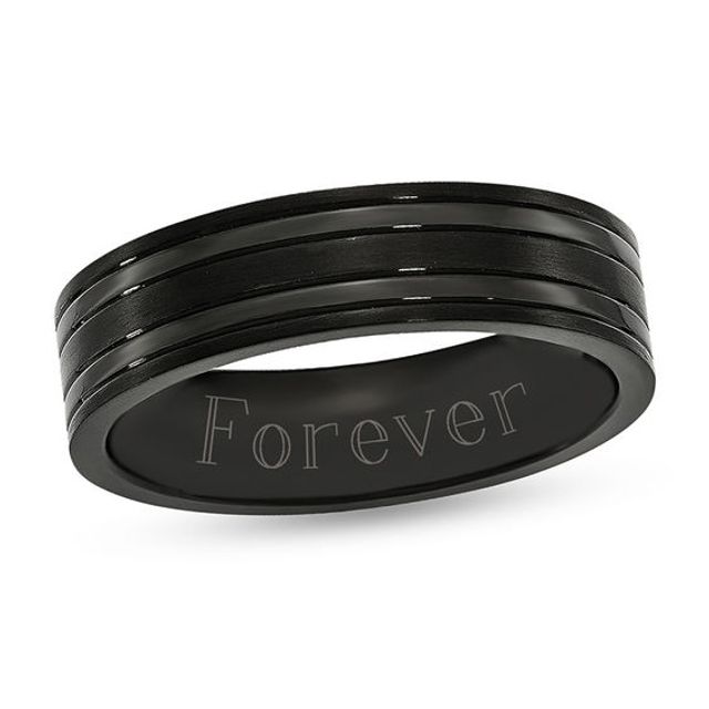 Men's 6.0mm Engravable Multi-Finish Double Groove Comfort-Fit Wedding Band in Titanium with Black IP (1 Line)