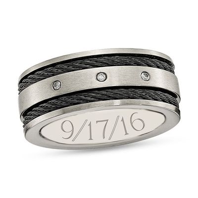 Men's 1/20 CT. T.w. Diamond Three Stone Engravable Brushed Cable Wedding Band in Titanium and Black IP (1 Line)