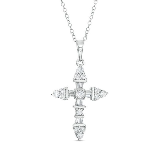 1 CT. T.w. Baguette and Round Diamond Cross Pendant in 14K Gold