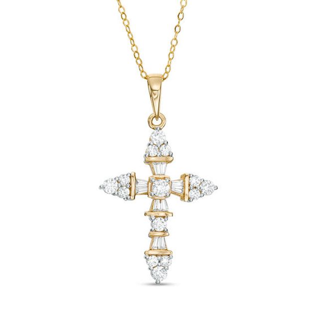 1 CT. T.w. Baguette and Round Diamond Cross Pendant in 14K Gold