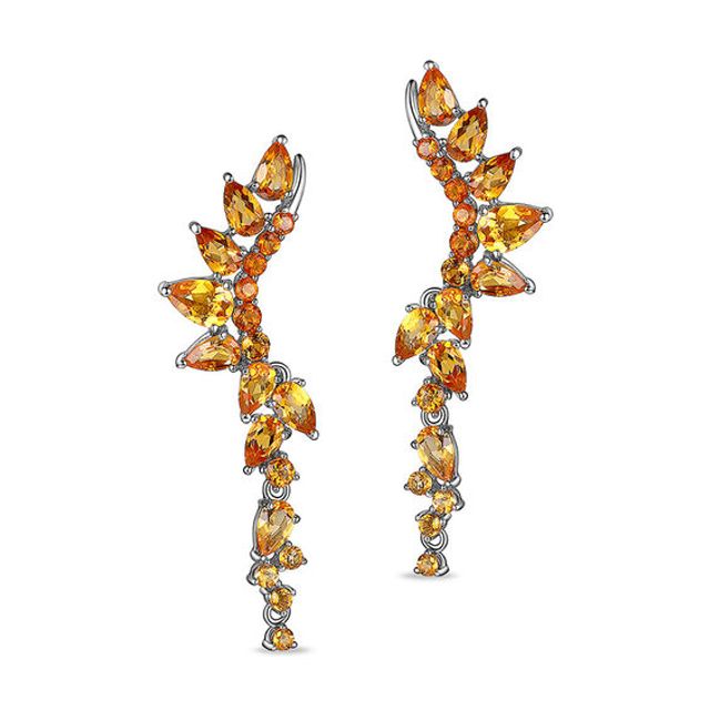 Madeira Orange and Yellow Citrine Curved Sunburst Cluster Drop Earrings in Sterling Silver