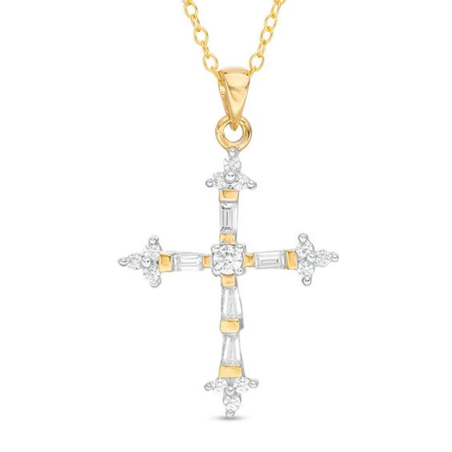 1/2 CT. T.w. Baguette and Round Diamond Cross Pendant in 14K Gold