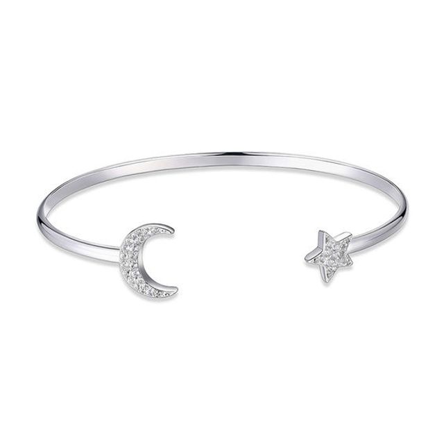 Lab-Created White Sapphire Crescent Moon and Star Cuff in Sterling Silver - 7.25"