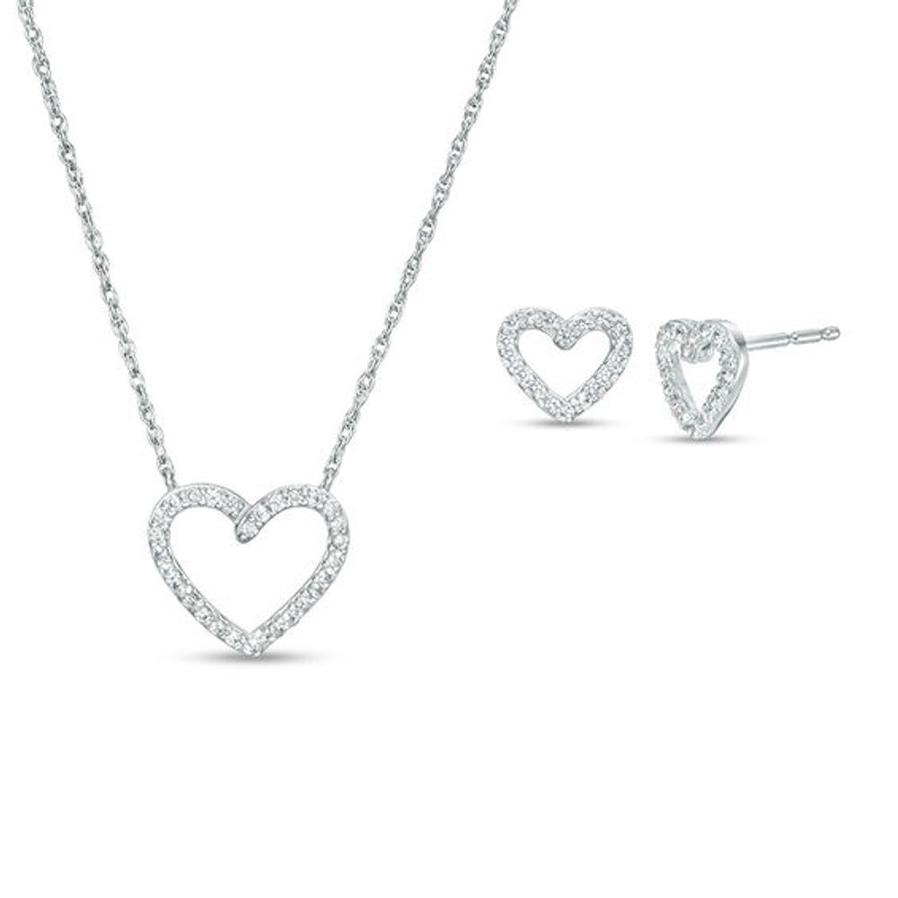 Lab-Created White Sapphire Heart Outline Necklace and Stud Earrings Set in Sterling Silver