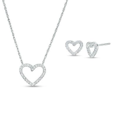 Lab-Created White Sapphire Heart Outline Necklace and Stud Earrings Set in Sterling Silver