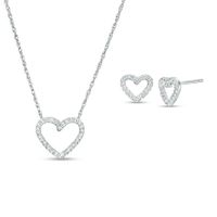 Lab-Created White Sapphire Heart Outline Necklace and Stud Earrings Set in Sterling Silver