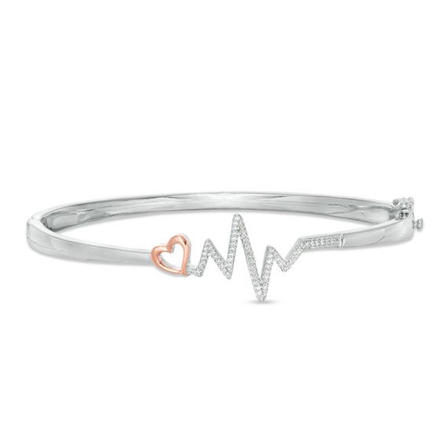 1/5 CT. T.w. Diamond Heart and Heartbeat Bangle in Sterling Silver and 10K Rose Gold