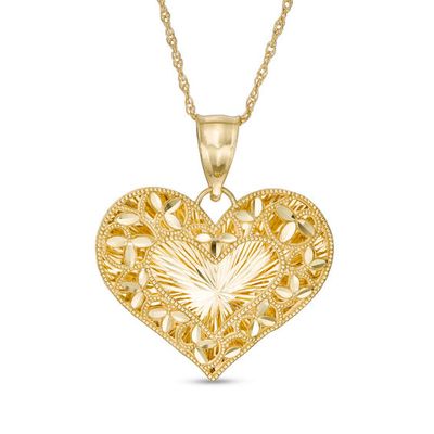 Diamond-Cut Filigree Vintage-Style Heart Pendant in 10K Gold