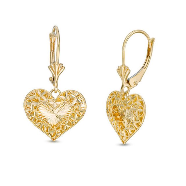 Diamond-Cut Filigree Vintage-Style Heart Drop Earrings in 10K Gold