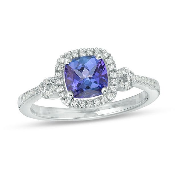 6.0mm Cushion-Cut Tanzanite and 1/6 CT. T.w. Diamond Frame Buckle Ring in 10K White Gold