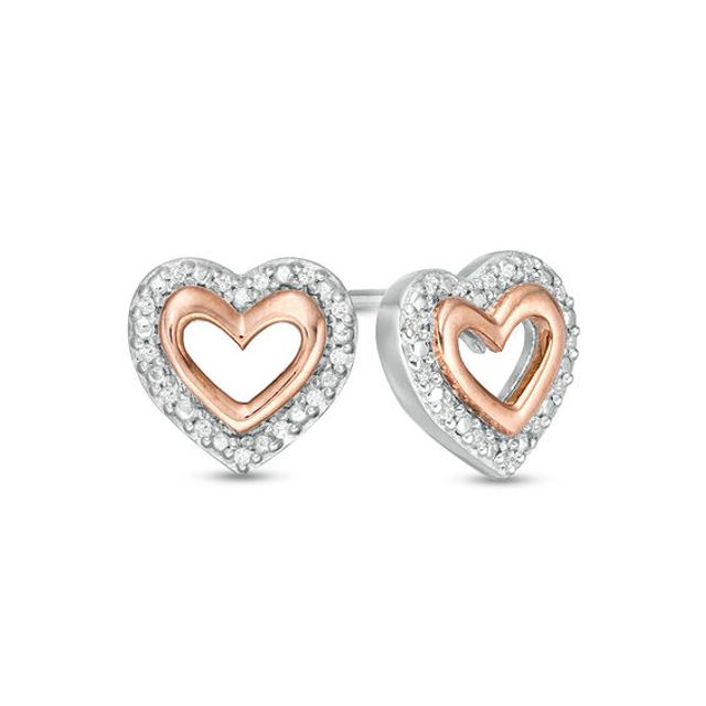 1/20 CT. T.w. Diamond Double Heart Outline Stud Earrings in Sterling Silver and 10K Rose Gold