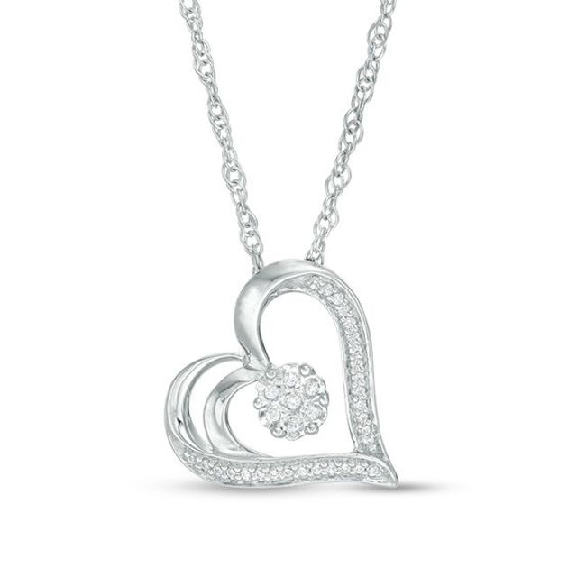 1/15 CT. T.w. Diamond Flower and Heart Outline Pendant in 10K White Gold