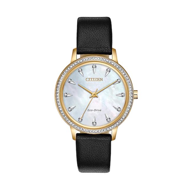 Ladies' Citizen Eco-DriveÂ® Crystal Accent Gold-Tone IP Strap Watch with Mother-of-Pearl Dial (Model: Fe7042-07D)