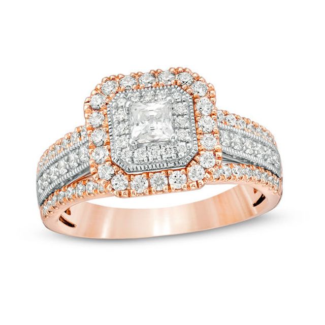 1 CT. T.w. Princess-Cut and Round Diamond Double Octagon Frame Engagement Ring in 14K Two-Tone Gold