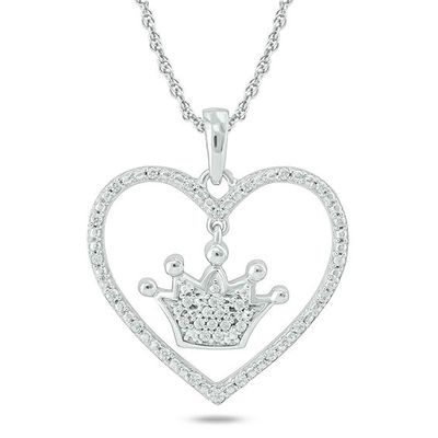 1/10 CT. T.w. Diamond Heart Outline with Crown Drop center Pendant in 10K White Gold