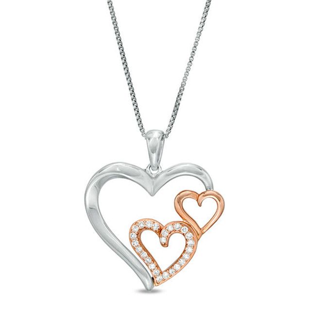 1/8 CT. T.w. Diamond Triple Heart Pendant in Sterling Silver and 10K Rose Gold