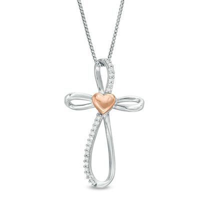1/10 CT. T.w. Diamond Heart Center and Loop Cross Pendant in Sterling Silver and 10K Rose Gold
